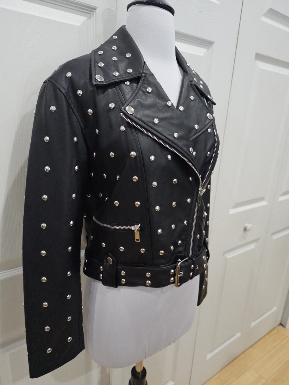 Forever 21 Punk Goth Black Silver Studded Faux Leather Zip Moto Jacket Coat S - Picture 3 of 12